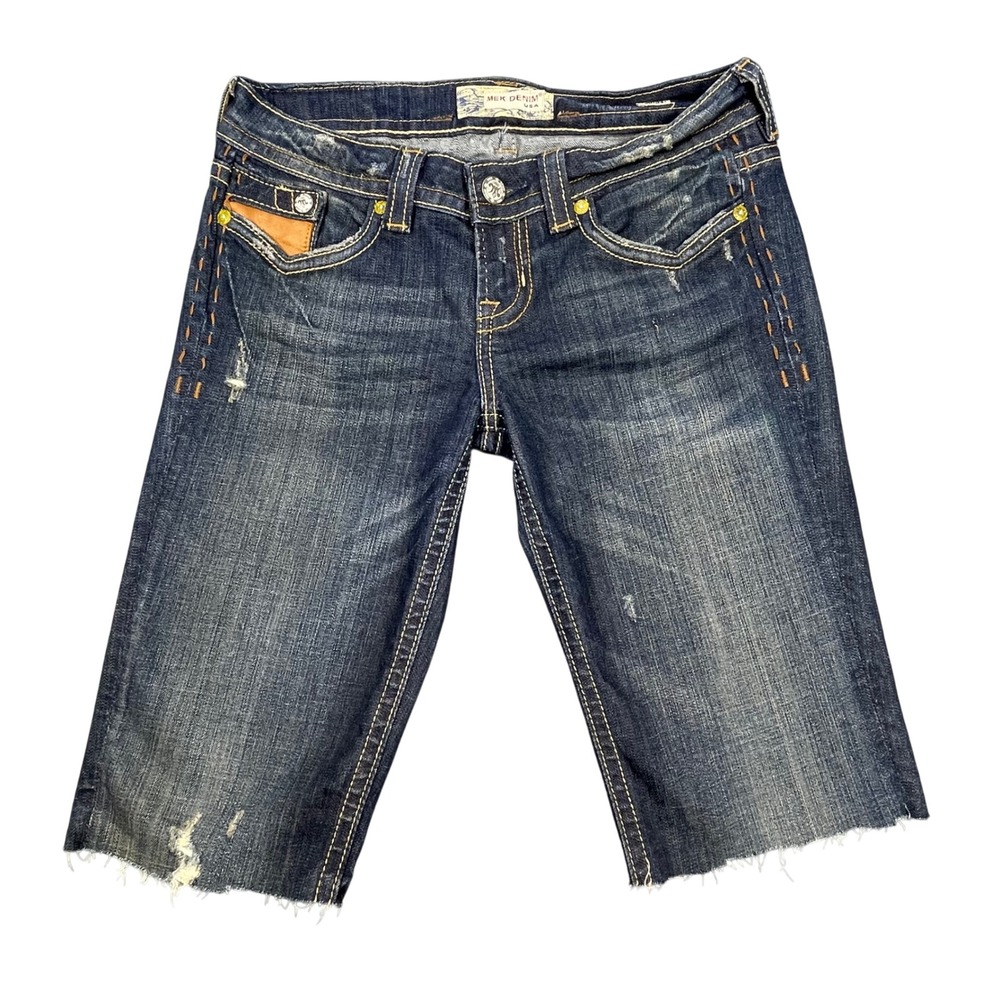 MEK Denim Blue Boulder Boot Cut Distressed Flap Pocket Cut Off Shorts Mens 29